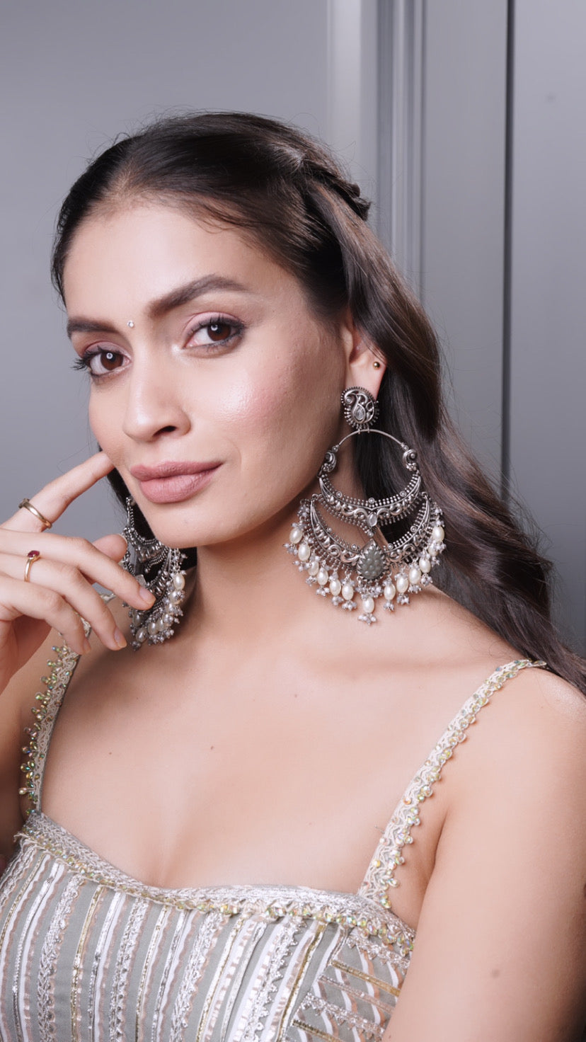 Grey Chand Bali Jhumkas Earrings